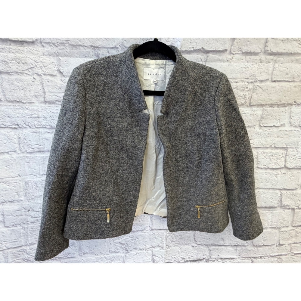 Sandro Blazer Women 40 US 8 Gray Good Cropped Open Front Wool Blend Chic Luxury